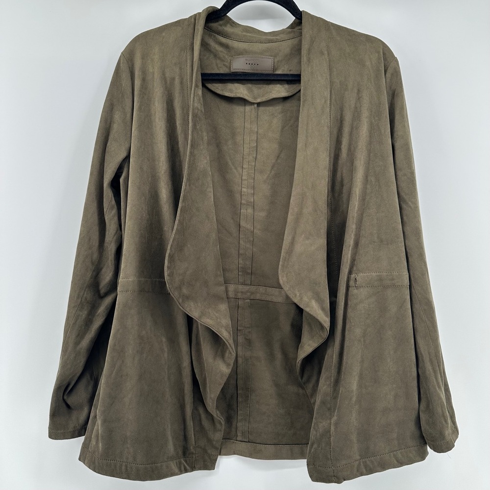 Blank NYC Drape Jacket Womens Large Olive Green Faux Suede Open Front 76X-S411NO
